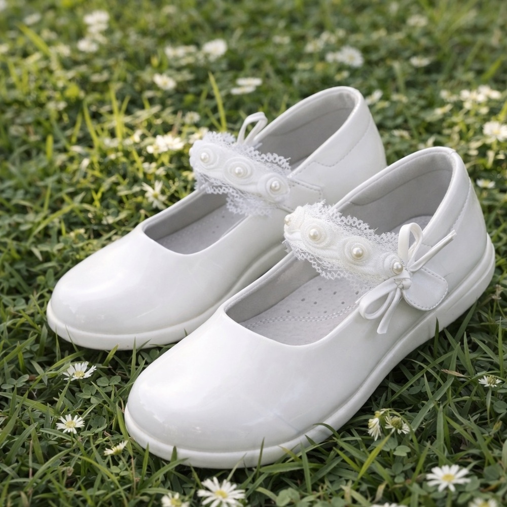 Girls White Pearl Strap Dress Shoes